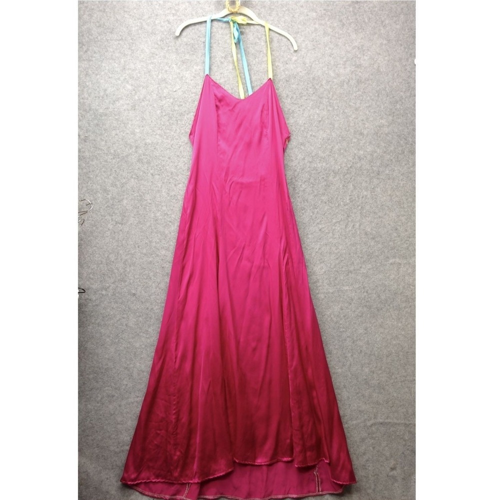 Y2K Silk Halter Gown Womens S Magenta Pink Barbiecore Satin Maxi Prom Formal